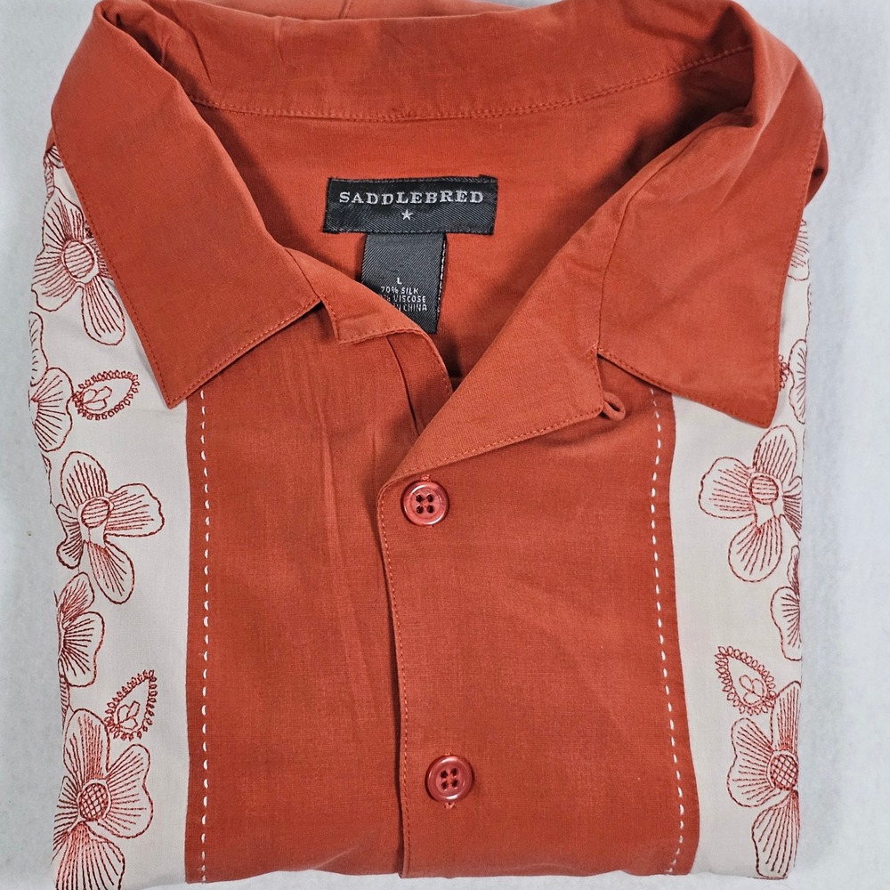 Saddlebred Mens Silk Blend Floral Embroidered Button Front Shirt Burnt Orange L - Picture 10 of 10